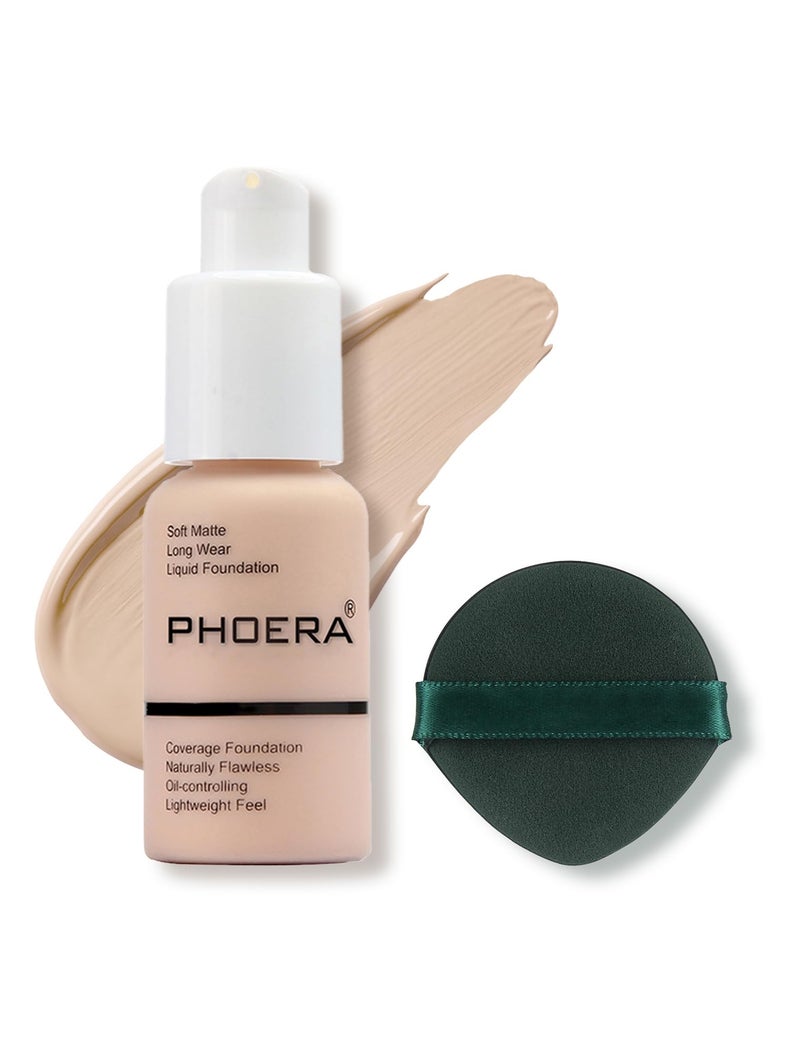 PHOERA Foundation Makeup, Flawless Soft Matte Oil Control Liquid Foundation, Full Coverage Mattle Oil-Control Concealer for Older Women, Great Choice For Gift (#101 Porcelain) - Image 1